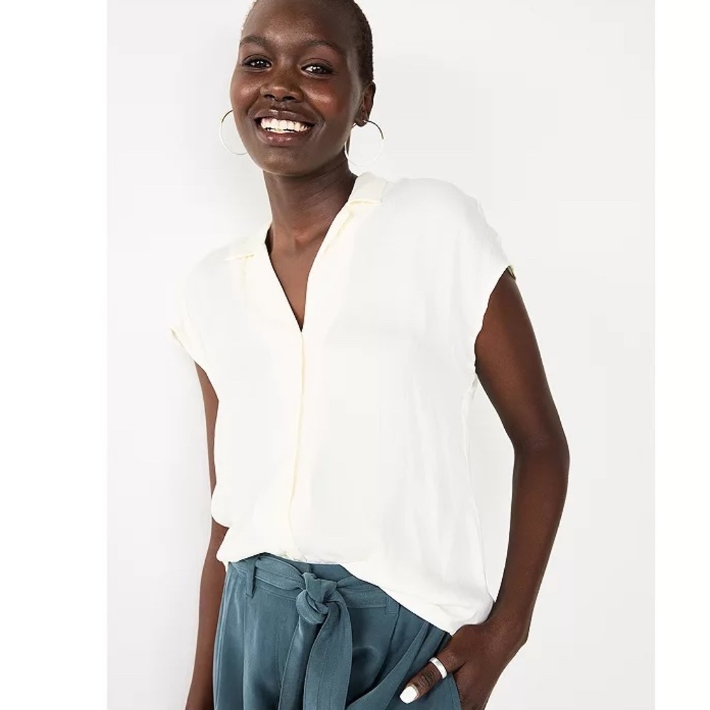 Nine West Womens Short Sleeve Easy Lapel Shirt Blouse - Daisy Dew Ivory - XL